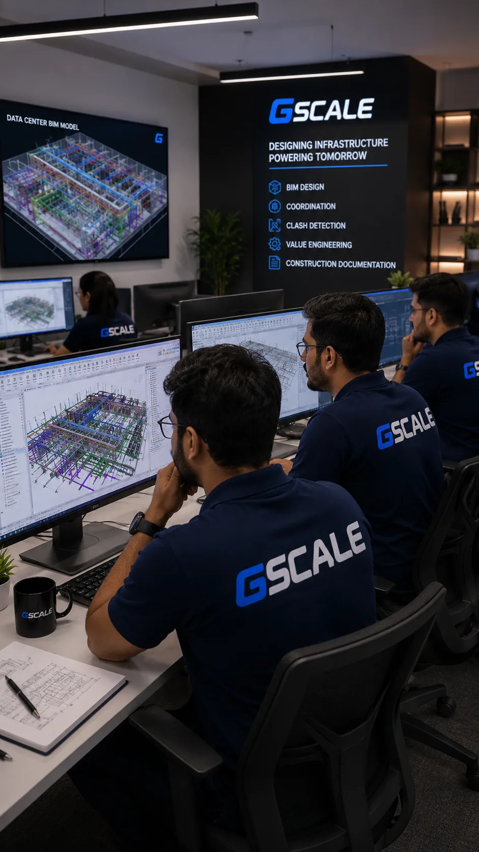 GScale in-house design team working on coordinated datacenter BIM models